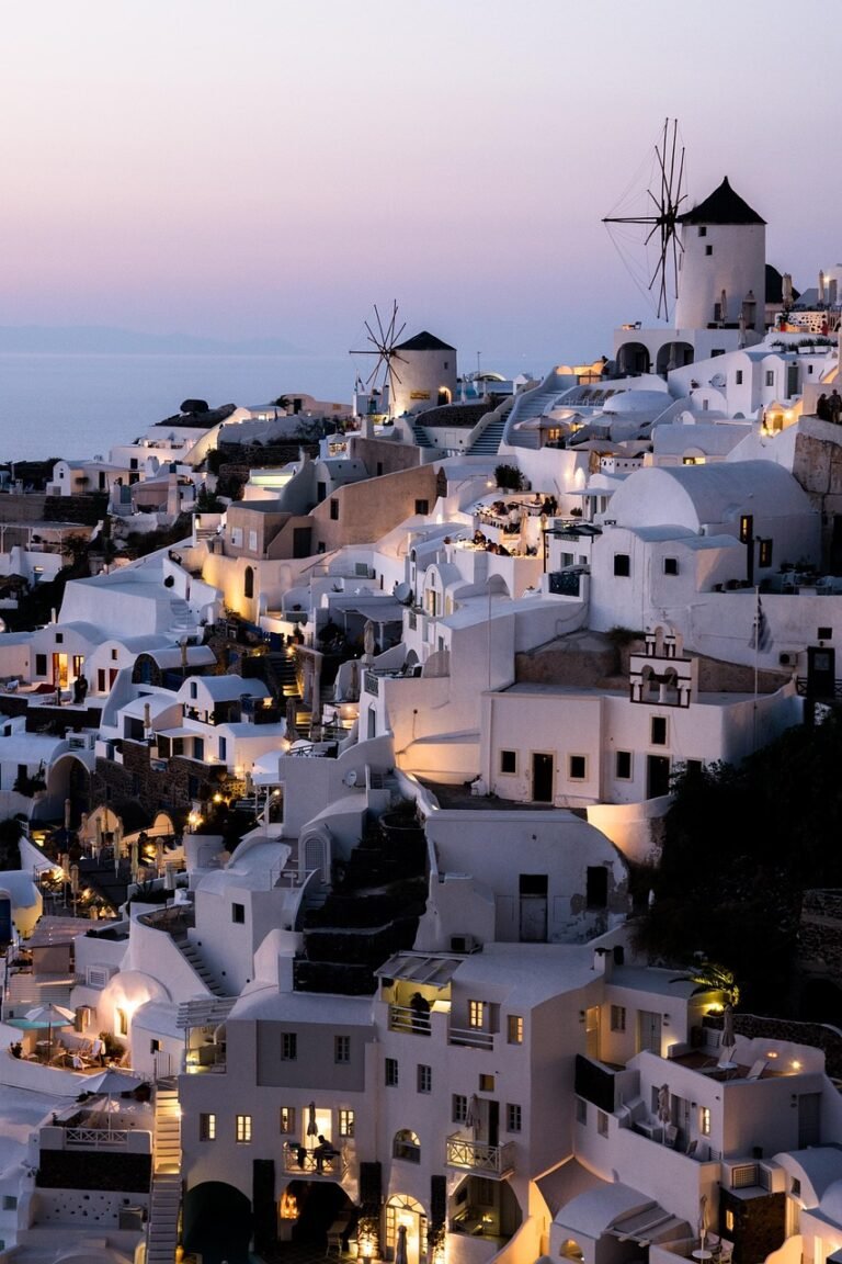 greece, sea, santorini, summer, houses, sea view, greek, architecture, windmills, sunset, nature, place, mood